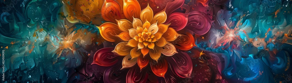 A vibrant, abstract digital painting featuring a large, blooming flower at its center, with swirling, colorful patterns in the background.