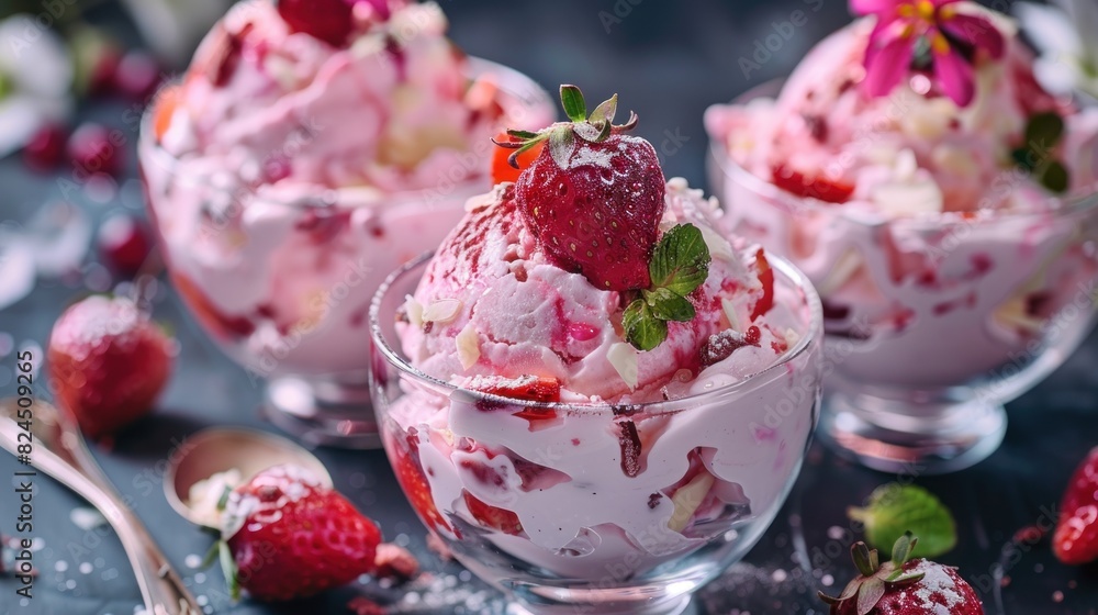 Beautifully decorated strawberry ice cream arranged in 3 cups. Beautifully decorated strawberry ice cream arranged in 3 cups.