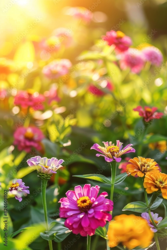Colorful zinnia flowers blooming in a sunlit garden Colorful zinnia flowers blooming in a sunlit garden