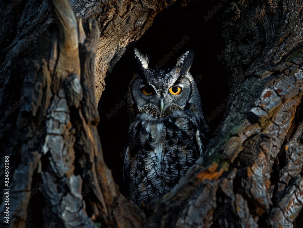 Mysterious owl peering from dark tree hollow Mysterious owl peering from dark tree hollow
