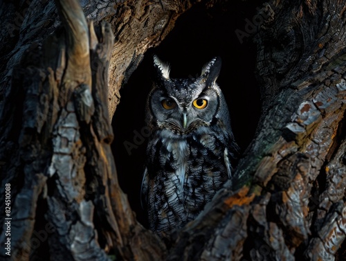 Mysterious owl peering from dark tree hollow