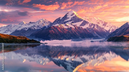 Majestic mountain landscape reflected in a serene lake at sunset