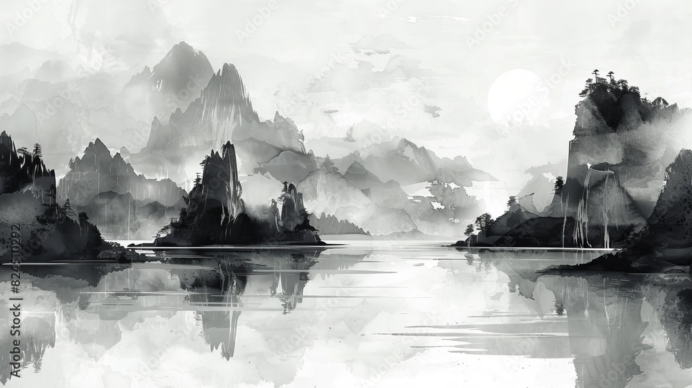 Serene Zen-Inspired Ink Wash Painting with Gentle Brush Strokes.