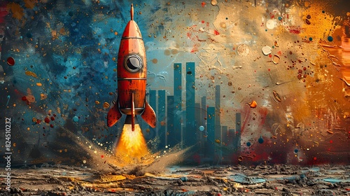 A painting of a rocket ship launching next to a rising bar chart, symbolizing high ambitions. image photo