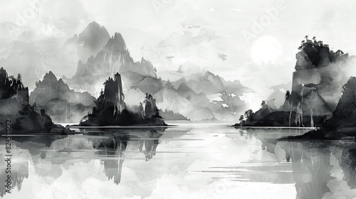 Serene Zen-Inspired Ink Wash Painting with Gentle Brush Strokes. photo