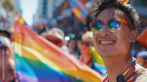 smiling young guy with a rainbow flag at a gay pride march, festival, people, man, boy, makeup, lgbt, June 28, demonstration, non-binary, bisexual, homosexual, person, portrait, parade, action, symbol