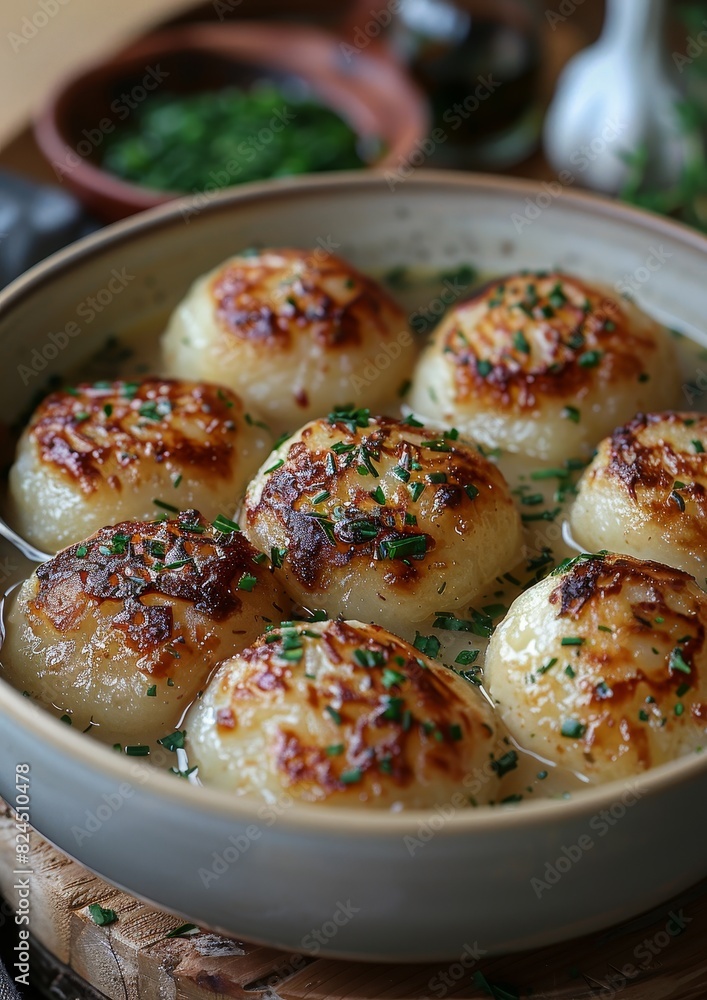 Knödel - Potato or bread dumplings served with gravy. Knödel - Potato or bread dumplings served with gravy.
