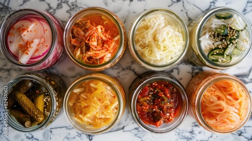 Varieties of fermented foods kimchi sauerkraut apple cider vinegar pickles and kefir