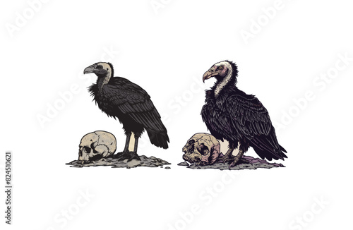 vulture stands over a skull lying on the ground vector illustration