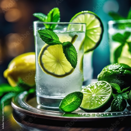 Cold and refreshing infused water with lime, mint and ice in glass. Copyspace