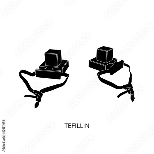 Set of Tefilin - Phylacteries in Hebrew. Small boxes with straps containing scrolls with verses from the Torah. Flat style vector in black on white for logo, banner, flyer, sticker, poster, decoration