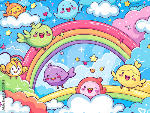 cartoon birds on a rainbow