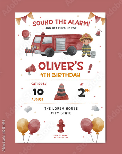Birthday with firefighter theme watercolor invitation template