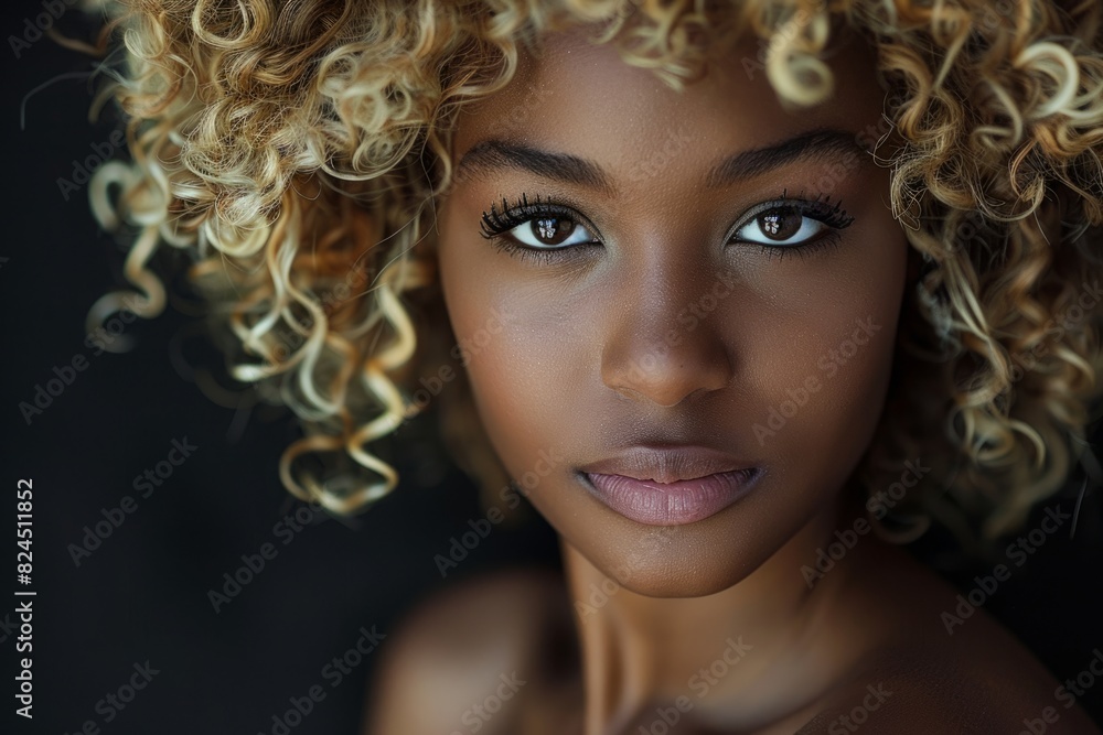 Stunning Portrait of a Young Woman with Curly Hair and Captivating Eyes in Glowing Light Stunning Portrait of a Young Woman with Curly Hair and Captivating Eyes in Glowing Light