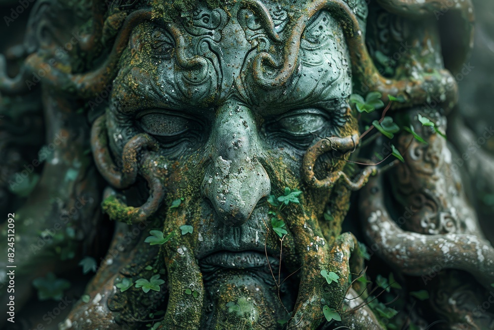 Ancient Statue of Cthulhu Covered in Moss and Vines, Illuminated by Soft Natural Light in a Mystical Setting.