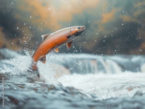 A salmon jumps out of the water in a river. AI. photo