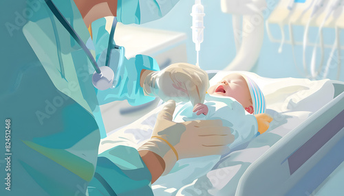 Clipart of a neonatologist conducting a physical examination on a premature baby ar7 4 Generative AI photo