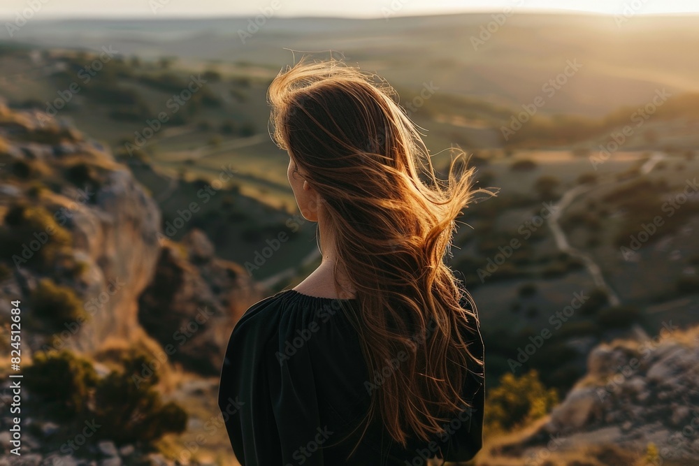 Scenic mountain landscape with woman in black dress Scenic mountain landscape with woman in black dress