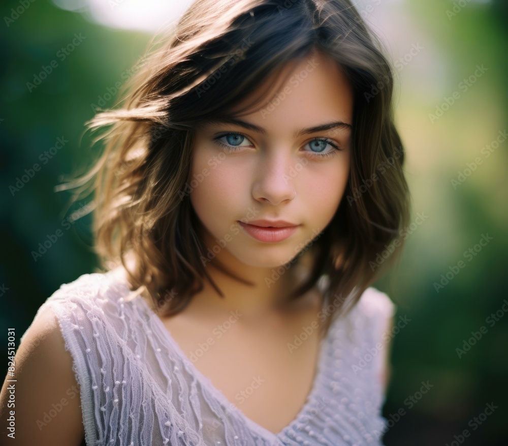 Naklejka premium Portrait of a beautiful young girl with blue eyes and short brown hair. AI.