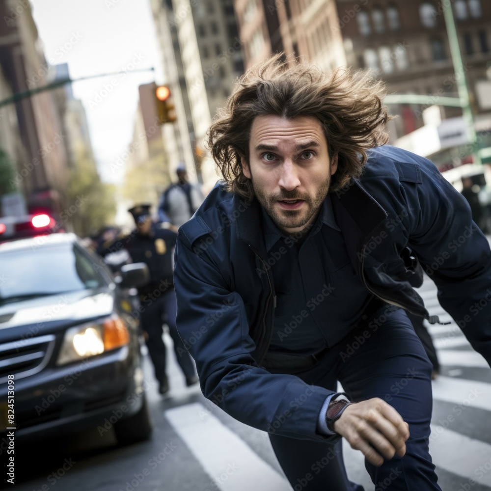 A man runs from the police through a busy city street. AI. A man runs from the police through a busy city street. AI.