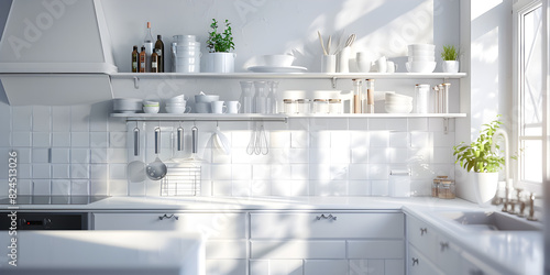 3d render of kitchen in Scandinavian style interior Modern kitchen modern interior with wooden countertop and white wall and plant Mock up.