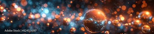 Abstract 3D Background. Floating orbs and cubes in a vast 3D space glow with gentle, pulsating light, creating a peaceful and enchanting effect. photo