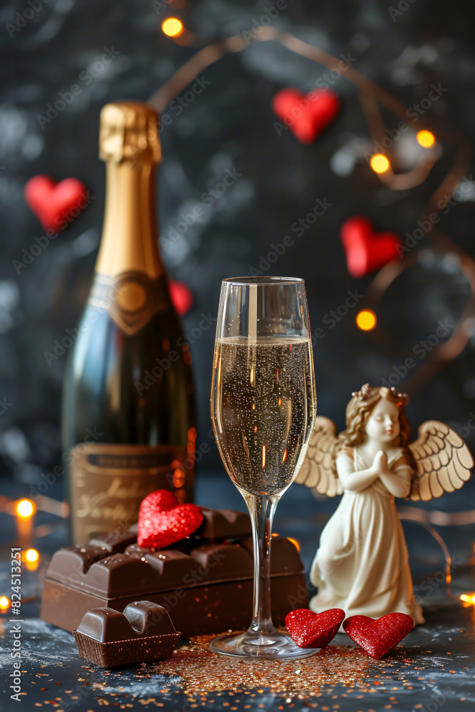 a champagne glass next to a bottle of chocolate and a figurine a champagne glass next to a bottle of chocolate and a figurine