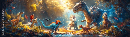 A birthday celebration with a dinosaur cake featuring a playful scene of baby dinosaurs hatching, colorful and detailed, joyful atmosphere, Digital Painting