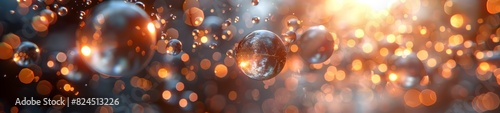 Abstract 3D Background. Floating orbs and cubes in a vast 3D space glow with gentle, pulsating light, creating a peaceful and enchanting effect. photo