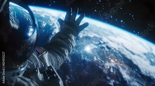 Fototapeta Naklejka Na Ścianę i Meble -  Astronaut reaching out into space with Earth in the background