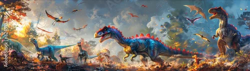 Obraz A birthday celebration with a dinosaur cake featuring a playful scene of baby dinosaurs hatching, colorful and detailed, joyful atmosphere, Digital Painting