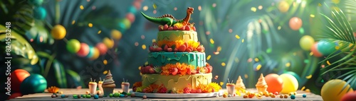 A birthday party scene with a multitiered dinosaur cake, party decorations in jungle theme, kids laughing and playing, festive atmosphere, 3D Render