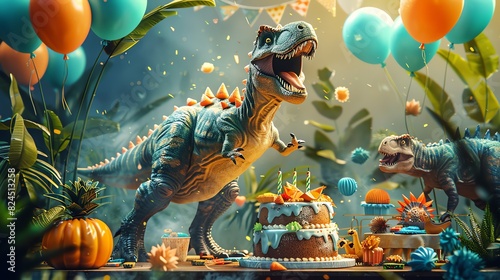 A birthday scene with a child excitedly looking at a dinosaur cake, surrounded by dinosaurthemed decorations, party hats, and balloons, fun and festive, Illustration