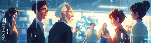 A centenarian receiving a digital birthday card via augmented reality, family members smiling, modern tech surroundings, Futuristic, Illustration