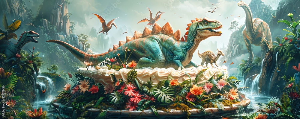 Obraz premium A dinosaur cake with a TRex, Stegosaurus, and Pterodactyl perched on top, jungle backdrop, vivid colors, fun and exciting, Digital Painting