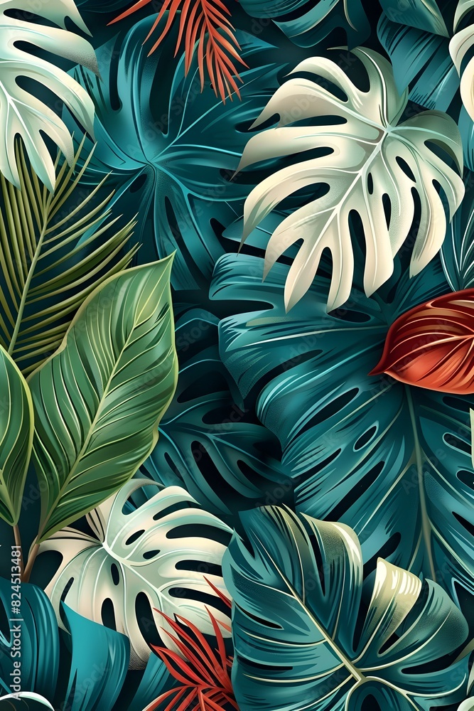 Vibrant Tropical Leaf Pattern in Soft Blue and Ivory Hues with Contemporary Linocut Aesthetic Vibrant Tropical Leaf Pattern in Soft Blue and Ivory Hues with Contemporary Linocut Aesthetic