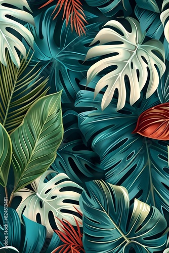 Wallpaper Mural Vibrant Tropical Leaf Pattern in Soft Blue and Ivory Hues with Contemporary Linocut Aesthetic Torontodigital.ca