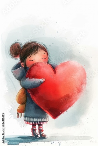 Little girl hugging a big red heart. AI. photo