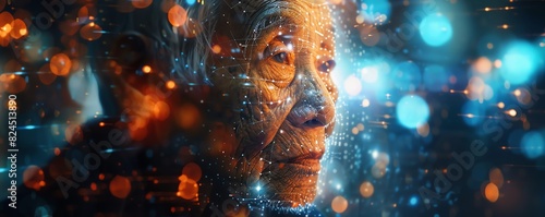 Elderly person with a digital portrait surrounded by holographic effects, family looking on with pride, bright lighting, Legacy, Digital Art photo