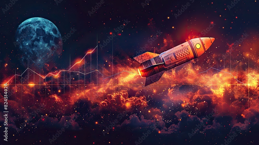 An abstract depiction of a rocket ship soaring with an upward-trending line graph, symbolizing rapid progress. stock photo An abstract depiction of a rocket ship soaring with an upward-trending line graph, symbolizing rapid progress. stock photo
