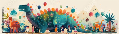 Kids gathered around a large, colorful dinosaur cake with party decorations, jungle theme, balloons, and streamers, cheerful and vibrant, Illustration photo