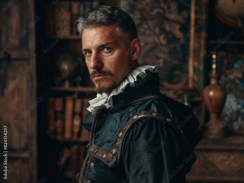Obraz premium Serious historical man in old-fashioned clothing