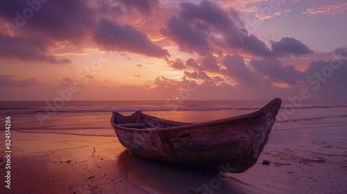 Dramatic sunset over the ocean with an old wooden boat
