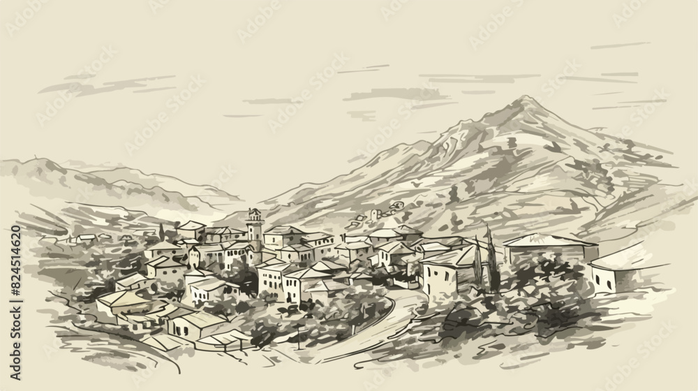 Sketch of mountain landscape with Georgian town color