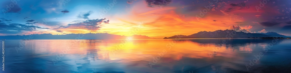 Panoramic view of the sea, sunset sky with orange and blue colors, mountains in the background Panoramic view of the sea, sunset sky with orange and blue colors, mountains in the background