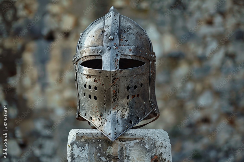 Weathered medieval knight's helmet on a stone plinth Weathered medieval knight's helmet on a stone plinth