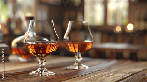 two glasses of brandy, whisky on wooden table with bottle in background, with empty copy space