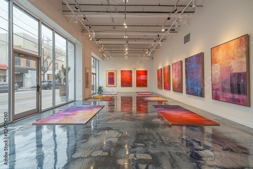 Minimalist gallery space with abstract art and polished concrete floors