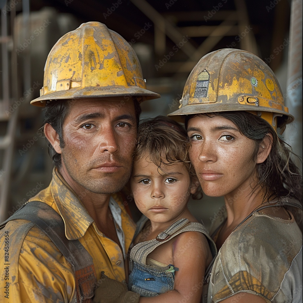 A family of three wearing hard hats. A family of three wearing hard hats.
