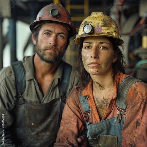 A grizzled male miner and a young female miner covered in coal dust and sweat pose for a photo together. photo